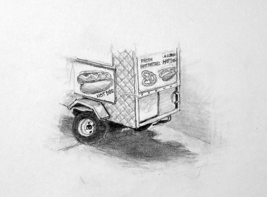 It’s a hot day and M. and I are walking up the Westside Piers looking for somewhere…