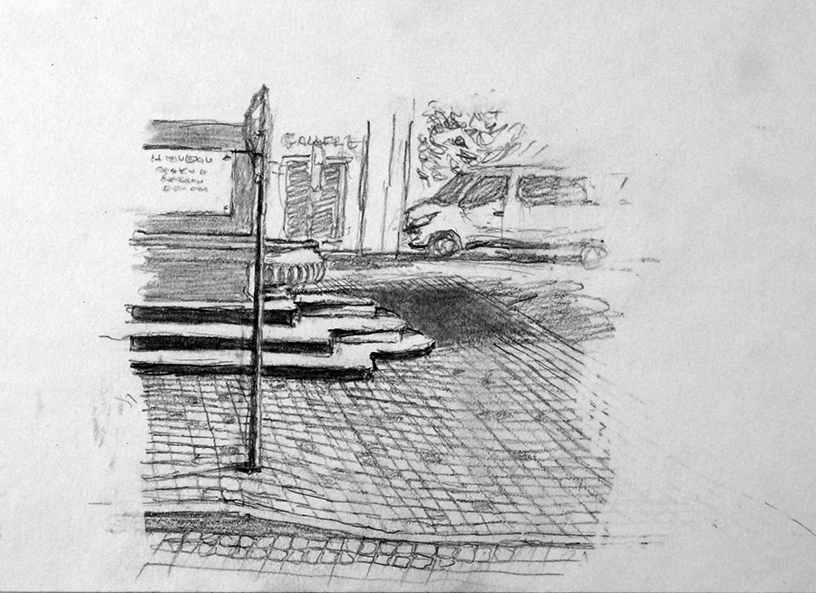 At a plaza near the Palais Royale in Brussels. After a long walk I grab a sandwich and a&nbsp;drink…